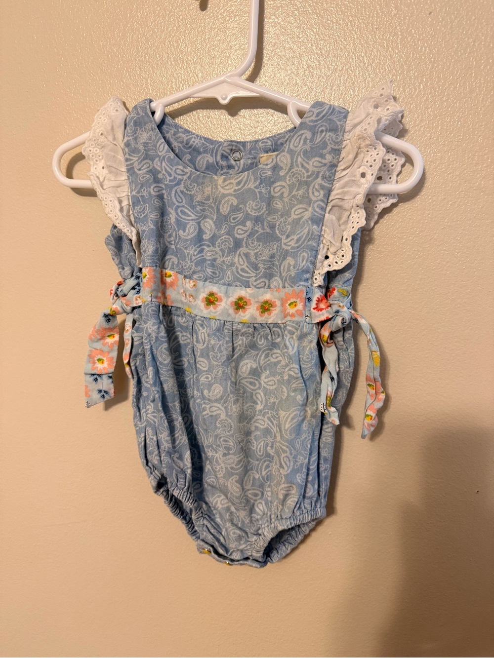 Matilda Jane 3-6M Blue Paisley Bubble Romper Eyelet Ruffle Floral Bows